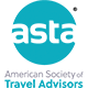 Logo of the American Society of Travel Advisors (ASTA) with "asta" in white lowercase letters inside a blue circle and the full organization name written below.